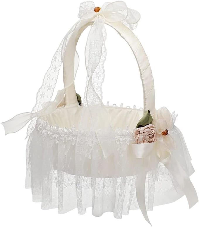 Bloemenmeisje Mand - Bruiloft Mandje - Bruiloft Decoratie - Met Kant Versierd - 22 cm Diameter - Wit