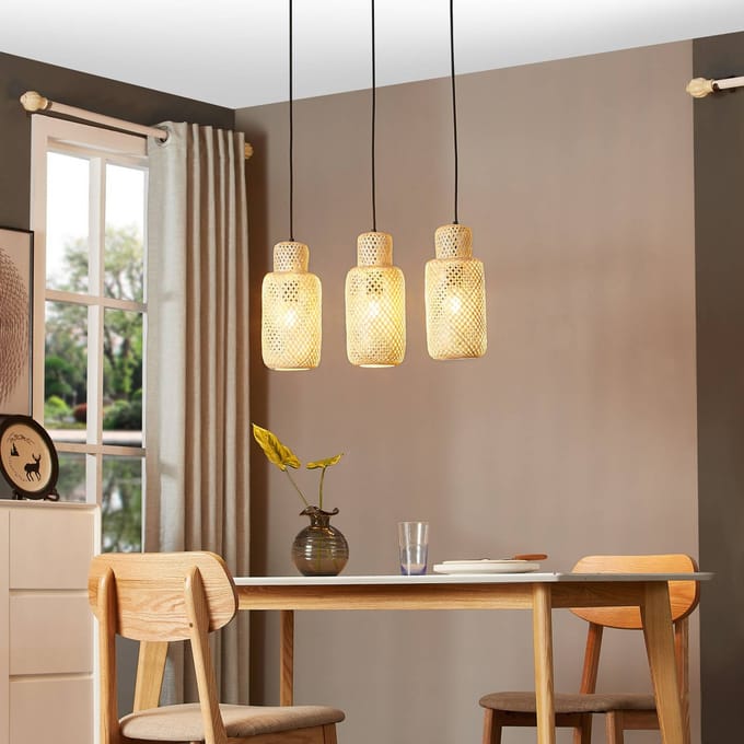 Lindby - hanglamp - 3lichts - Bamboe, plastic - H: 34.5 cm - E27 - licht hout, zwart
