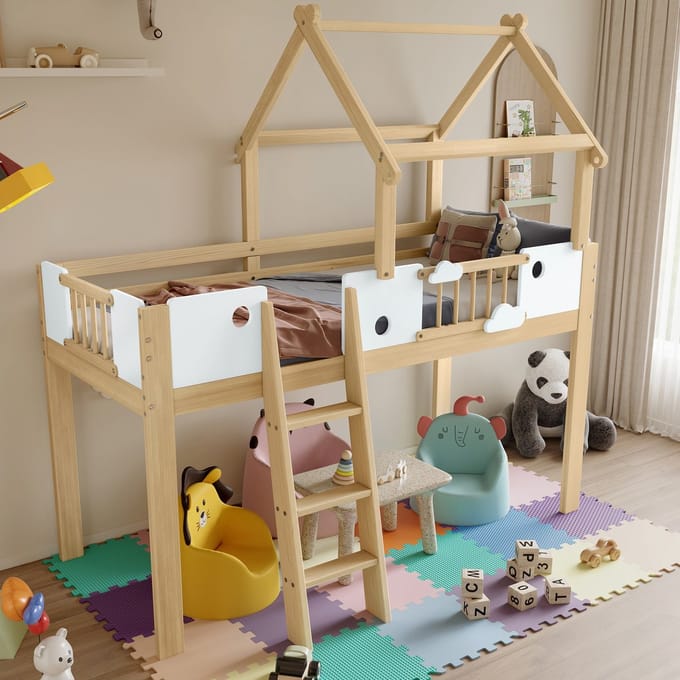 Sweiko Hoogslaper - 90x200 cm - Met valbeveiliging - Grenenhout + MDF - Wit + naturel
