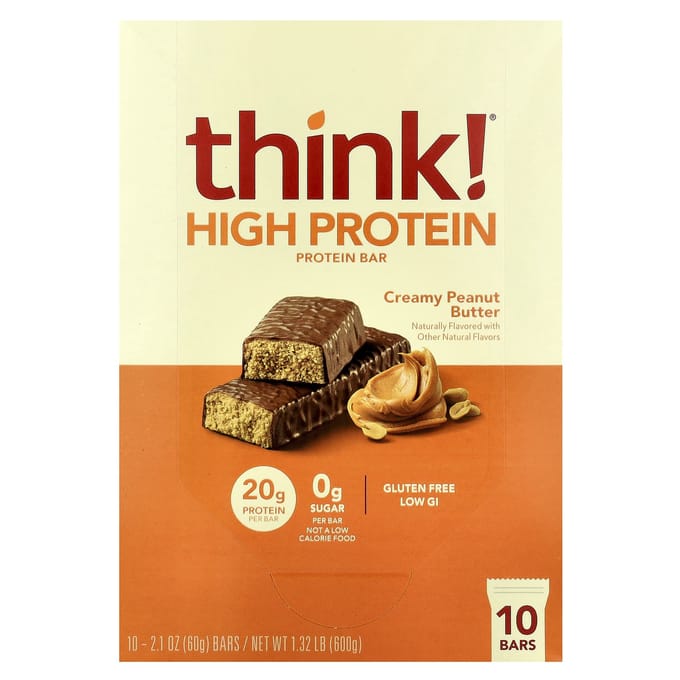 Pense!, Barre Hyperprotéinée, Beurre de Cacahuète Crémeux, 10 barres, 60 g (2,1 onces) chaque