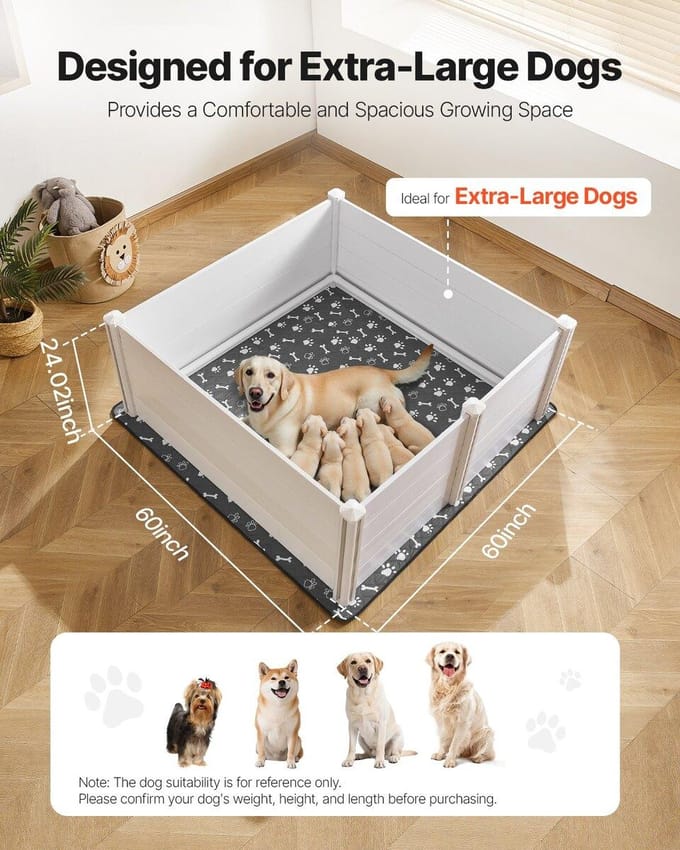 Caisse de Mise Bas pour Chien 60x60x24 pouces Hauteur de Porte Réglable pour Chiens Extra Larges