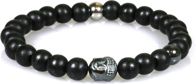 IbizaMen - Zwart hout 8mm - hematiet buddha RVS - 21cm