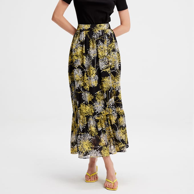 Lange rok met lineaire print en ruches