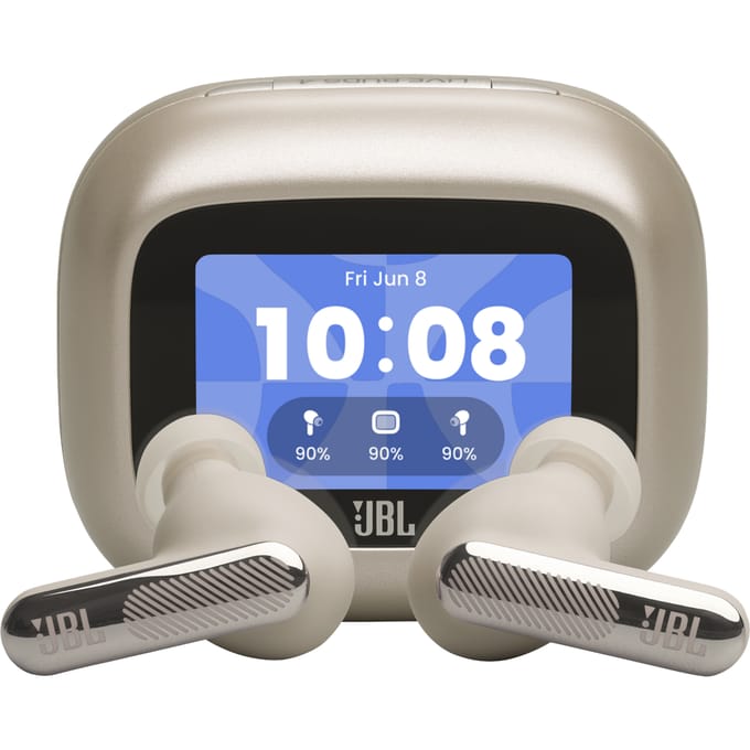 JBL Live Beam 4 – Draadloze Oortjes met Noise Cancelling – Smart Case met Touchscreen - True Wireless Bluetooth – 48 uur – Waterdicht – IP55 - Champagne/Beige