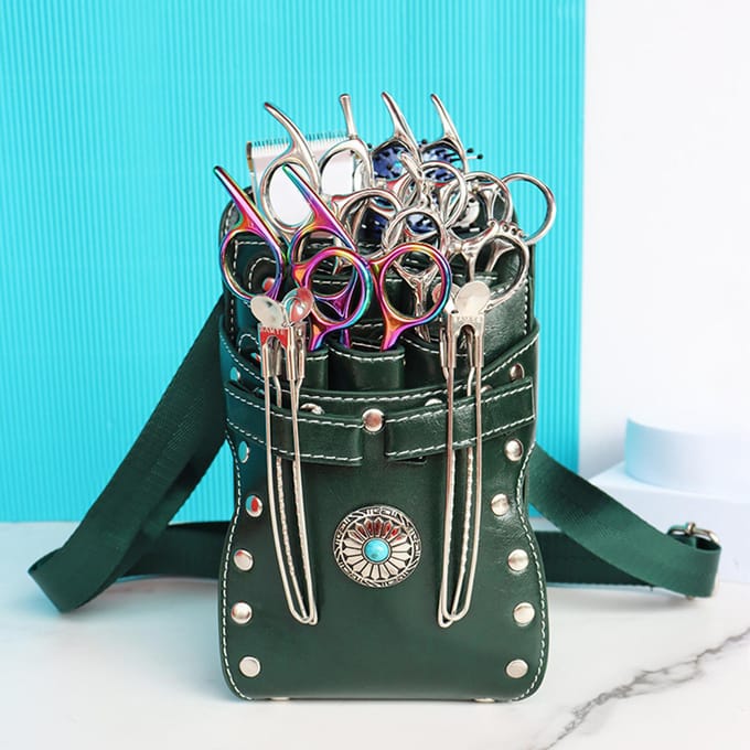 Sac à Ciseaux de Barbier Sac de Taille pour Coiffeur 7 Emplacements Support à Ciseaux Amovible Sac à Outils en Cuir PU pour Ciseaux Cheveux gris