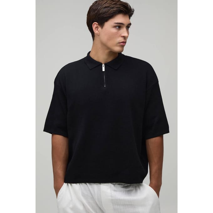 Oversized Boxy 1/4 Zip Cotton Blend Knitted Polo T-Shirt | Black | Size Large