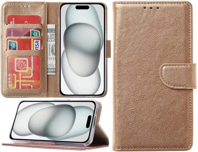 Hoesje geschikt voor iPhone 15 - Bookcase - Pasjeshouder - Kunstleer - Goud