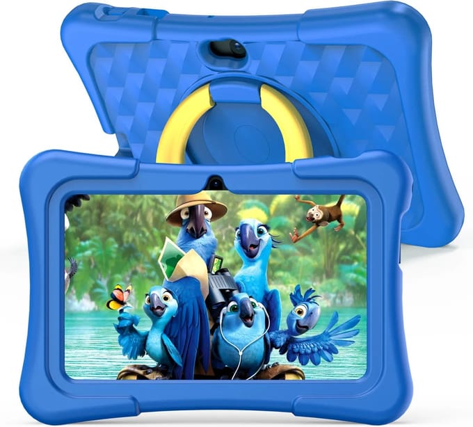 Elementkey Ai-Kids Max - Model: K7 - 7 Inch KinderTablet – 32GB Intern + 64GB Micro SD – Voor En Achtercamera – Android 13 - IPS-scherm – 2GB RAM - SIM – WiFi 6 - Blauwe Hoes