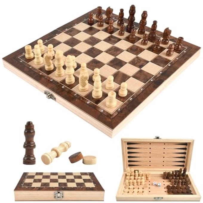 Houten Schaakspel 3-in-1: Schaak, Dames & Backgammon | Inklapbaar & Draagbaar | Perfect voor Binnen en Buiten
