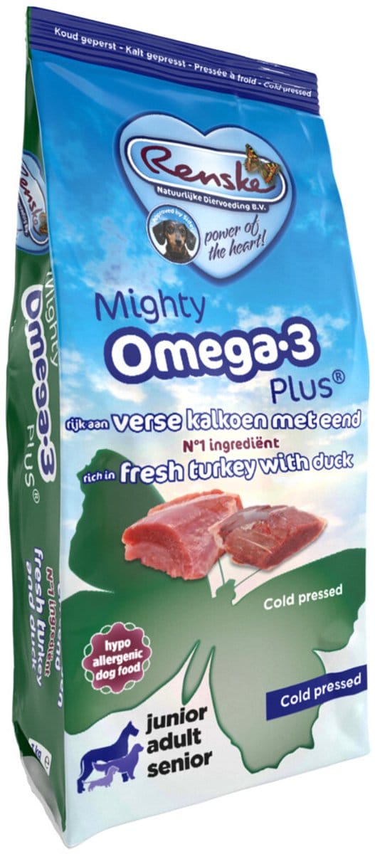 4x Renske Mighty Omega Plus Geperst Hondenvoer Kalkoen - Eend 3 kg