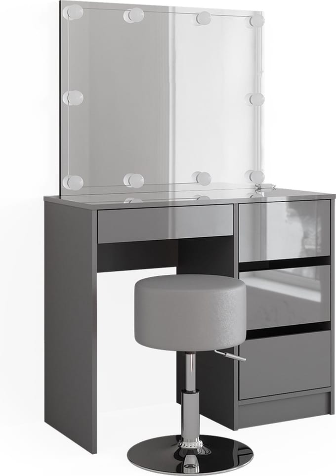 Vicco Kaptafel set met kruk Sherry, Grijs, 90 cm met spiegel, LED-lichtslinger en kruk