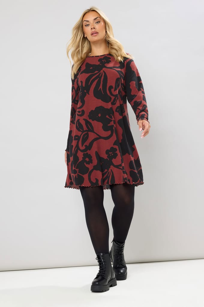 Yours Rode Abstract Bloemen Geribbelde Tuniek Top Size 42