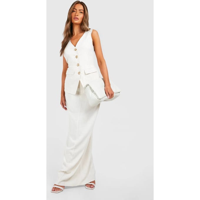 boohoo Dames Linnen-look getailleerde maxi-rok | Natural Beige | Maat: 42