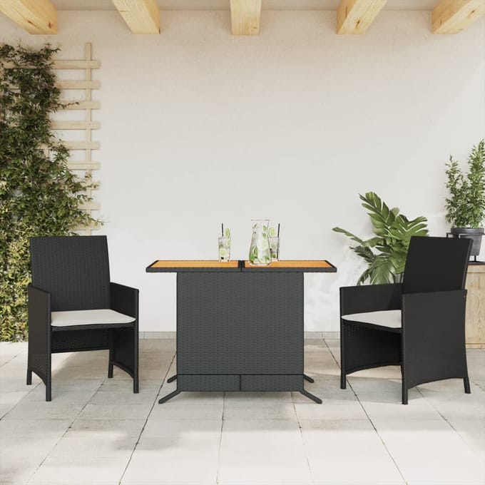 vidaXL - 3-delige - Bistroset - met - kussens - poly - rattan - zwart