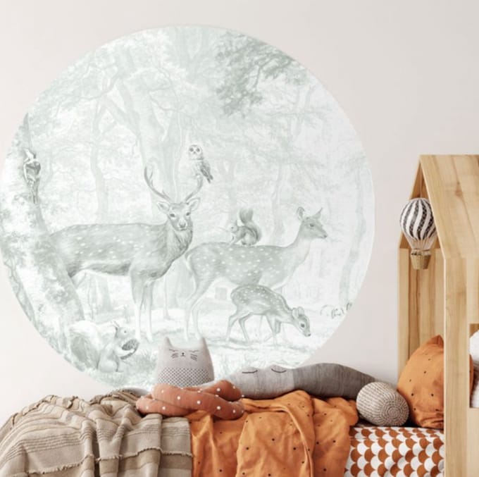 Behangcirkel 100cm Herten en bosdieren schets groen - Wallz