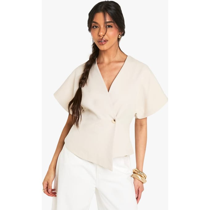 boohoo Dames Geweven Top met Knopen en Capmouwen | Steen | Maat: 36