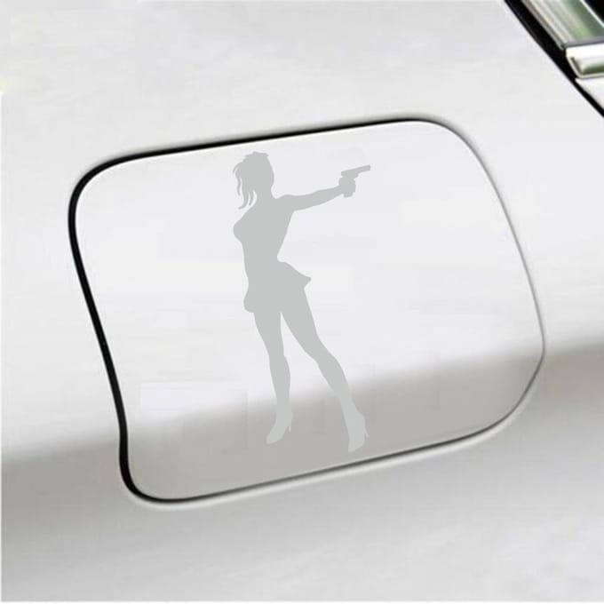Bumpersticker - Vrouw Met Geweer - 8 X 16 - Licht Grijs