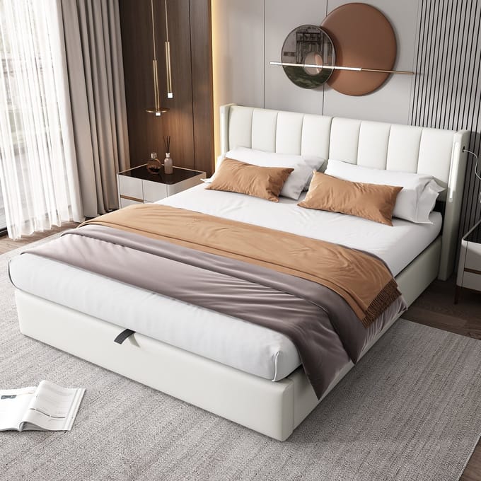 MODFU Bedframe 140x190 cm – Wit PU met verstelbaar hoofdeinde (0-30°) & LED