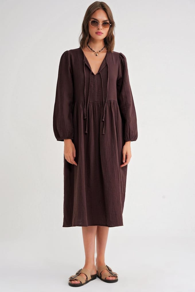 V-hals Midi-jurk met striksluiting