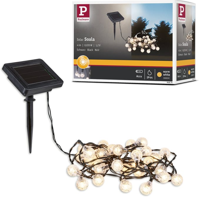 Paulmann LED lichtketting Soala, IP44 zwart, 30 lampjes