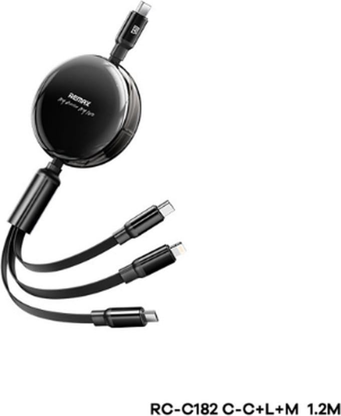 Remax RC-C182 - USB Kabel - 3in1 - USB-C/Micro/Iphone Output - 1.2m - 100W - Zwart