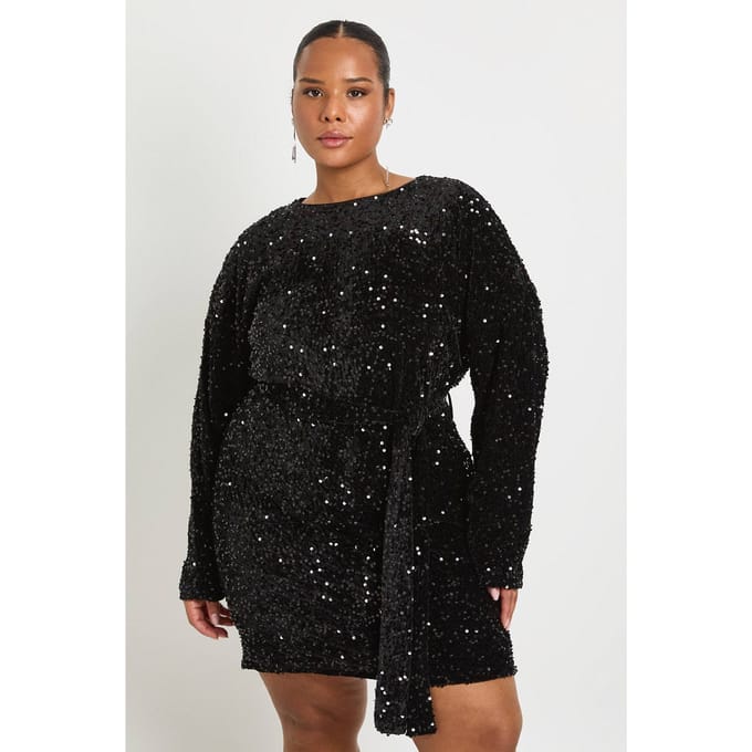 boohoo Dames Plus fluweel pailletten minijurk met strikceintuur | Black | Maat: 22