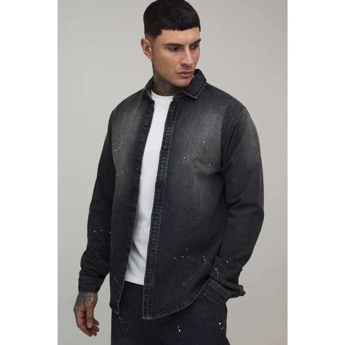 Lang Regular Fit Spray Gewassen Verf Spetter Denim Overhemd | Washed Charcoal | Size Medium