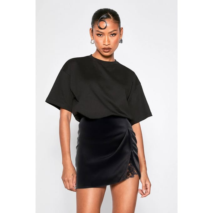 boohoo Dames Satijnen mini-rok met kanten inzet | Black | Maat: 6