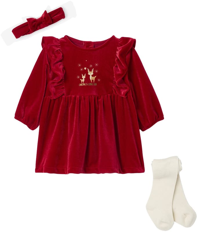 Vertbaudet 3-delige babyset met jurk + haarband + panty in thema Kerst