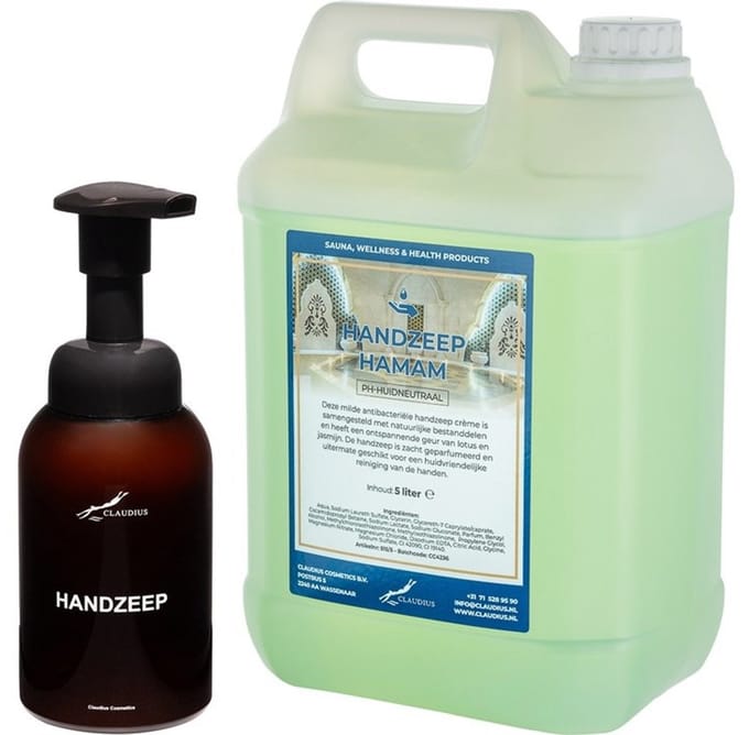 Zeepdispenser 300 ml amber bruin hervulbaar + 5 liter Handzeep Hamam navulling