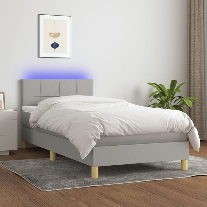 vidaXL - Boxspring - met - matras - en - LED - stof - lichtgrijs - 90x190 - cm