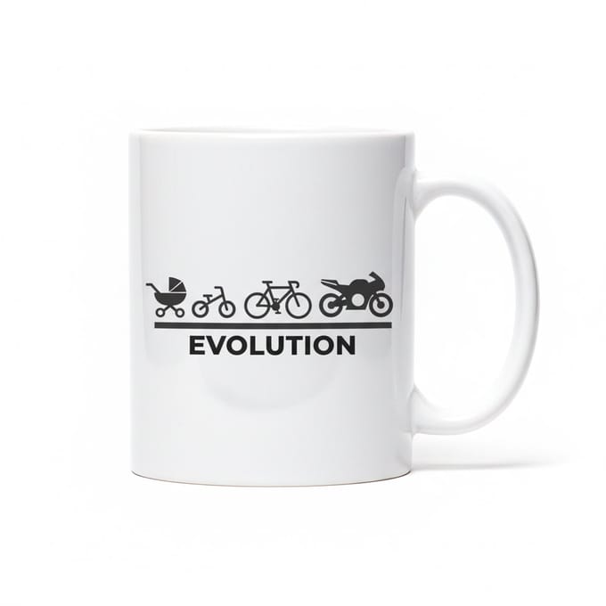 “Evolution” Mok – Van Kinderwagen tot Motor Levensontwikkeling Koffiemok 330 ml