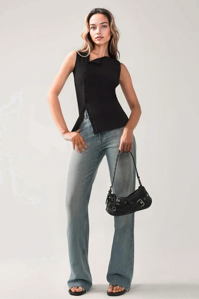 Textured Slim Fit Crew Neck Top met Knopdetail