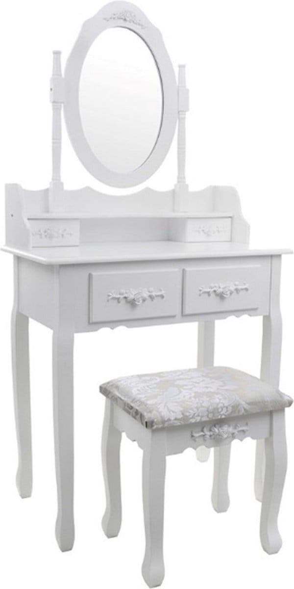 Kaptafel - met spiegel en krukje - 75x40x147 cm - wit