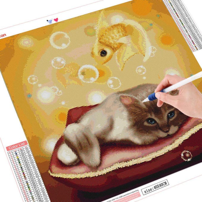 Peinture diamant chat poisson, décoration de maison, perceuse carrée complète, image perlée, strass 30x30CM beige