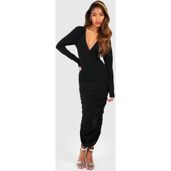 boohoo Dames Glitter Gerafelde Wikkel Midaxi Jurk | Black | Maat: 8