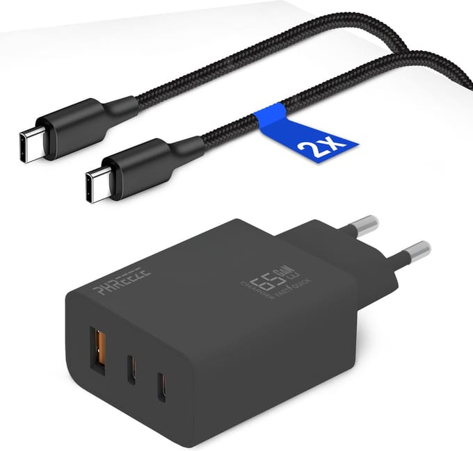 65w usb C Lader met 3 Poorten (2x usb-C, 1x usb-A) - Inclusief 2x usb C Kabels 1 Meter - Supersnelle Adapter