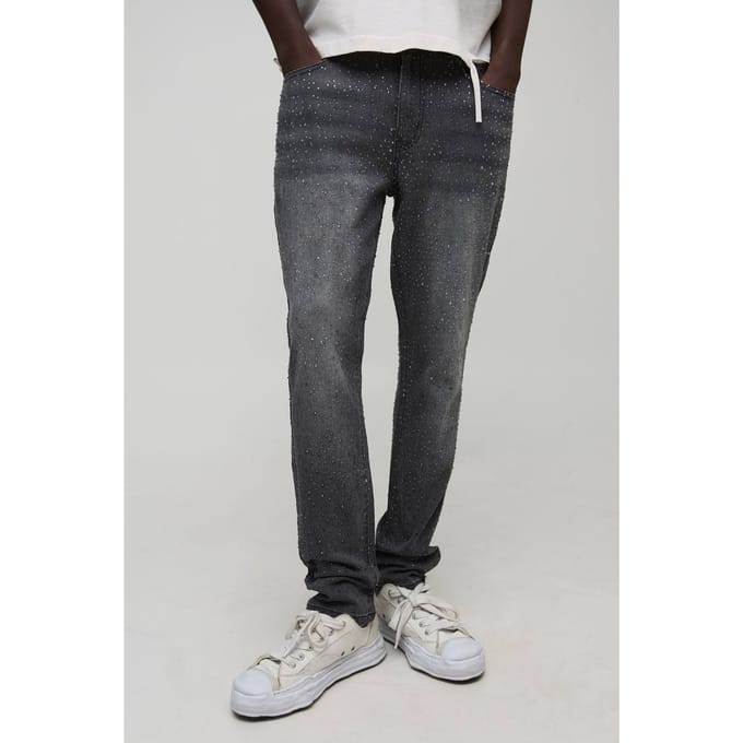 Slim fit, uitlopende denim jeans met heldere strass-steentjes | Washed Black | Size 32R