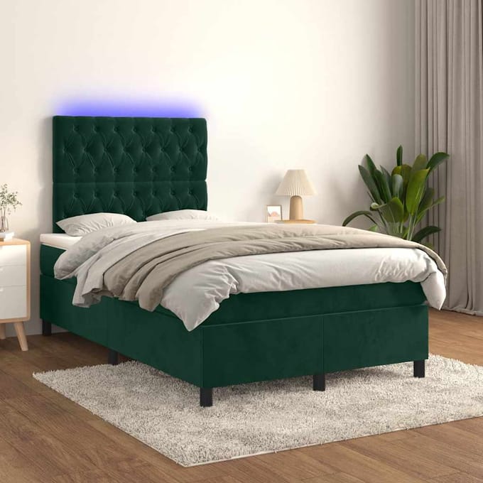 vidaXL - Boxspring - met - matras - en - LED - fluweel - donkergroen - 120x200 - cm