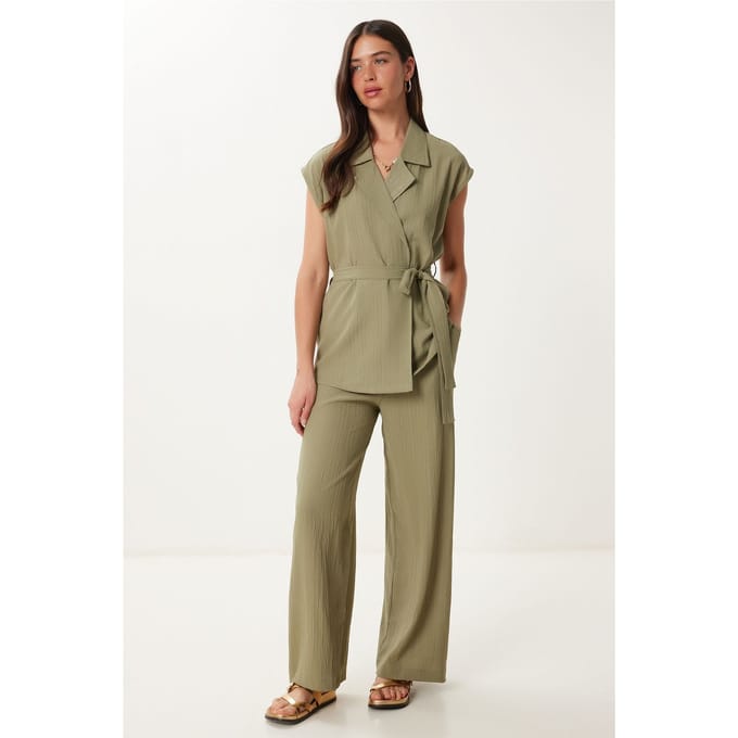Hoge Taille Twee-delige Set met Kraag en Wijde Pantalons