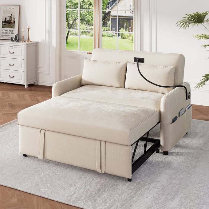 REDOM - 2-Zits Slaapbank - Uitschuifbaar - Verstelbare Rugleuning - Met USB-Aansluiting En Telefoonhouder - Chenille - Beige