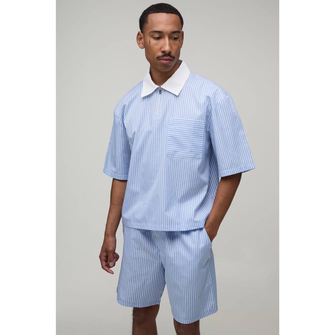 Shirt Met Contrasterende Kraag En 1/4 Rits & Short Set | Blue | Size Medium