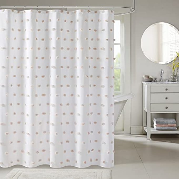 Douchegordijn - Badkamer textiel - Badkamer decoratie - Zachte pompon textuur - 183 x 182 cm - Wit blush
