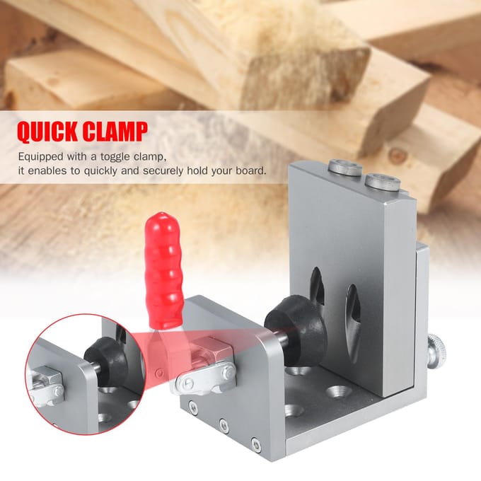 Set met geleidingsmallen voor het lokaliseren van zakgaten, gemaakt van aluminiumlegering, voor het boren van schuine gaten onder een hoek van 15 graden. grijs