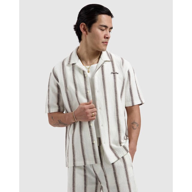 PURE PATH Striped Shortsleeved Shirt Heren - Vrijetijds blouse - Gebroken wit - Maat L