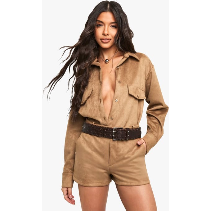 boohoo Dames Suede Look Mini Shorts | Tan | Maat: 14