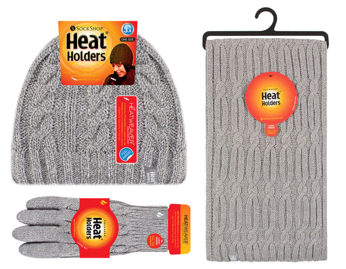 Heat Holders Dames Gebreide Muts Handschoen & Sjaal Set - Lichtgrijs
