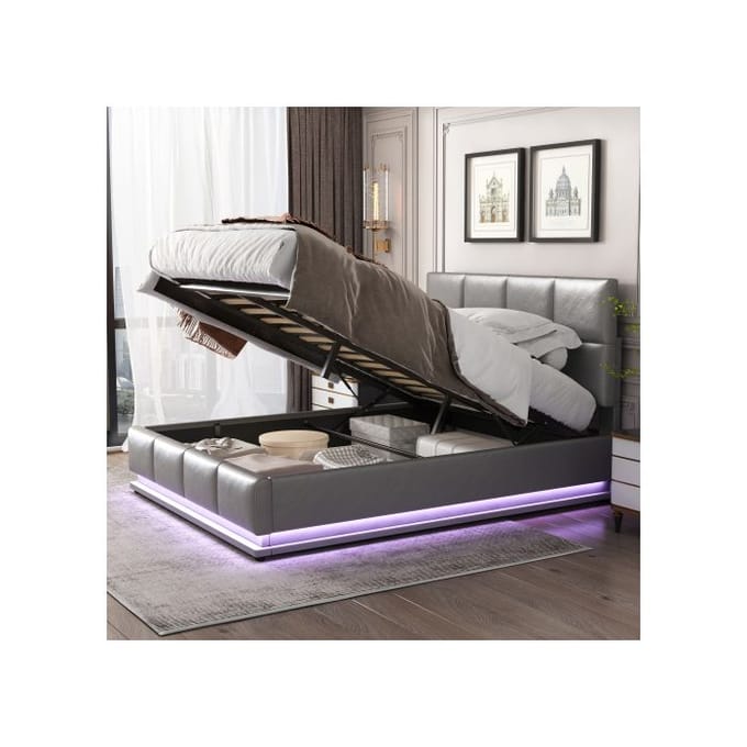 Lit 140x200 cm - MUVOE - Rembourré - Eclairage LED - Rangement hydraulique - Gris gris