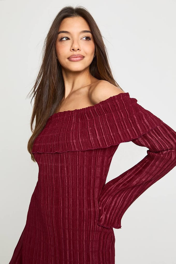 boohoo Dames Getextureerde Bardot Maxi-jurk | Wijn | Maat: 38