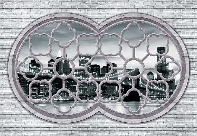 Fotobehang Brick Wall City Skyline | PANORAMIC - 250cm x 104cm | 130g/m2 Vlies